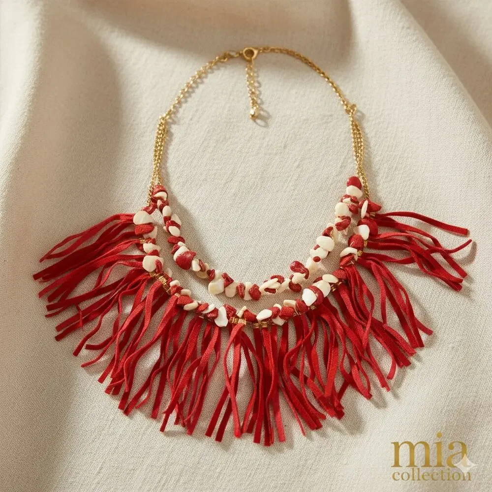 Mia Necklace Red Suede Fringe &‎ Shell Statement Bib Adjustable Gold Tone Detail